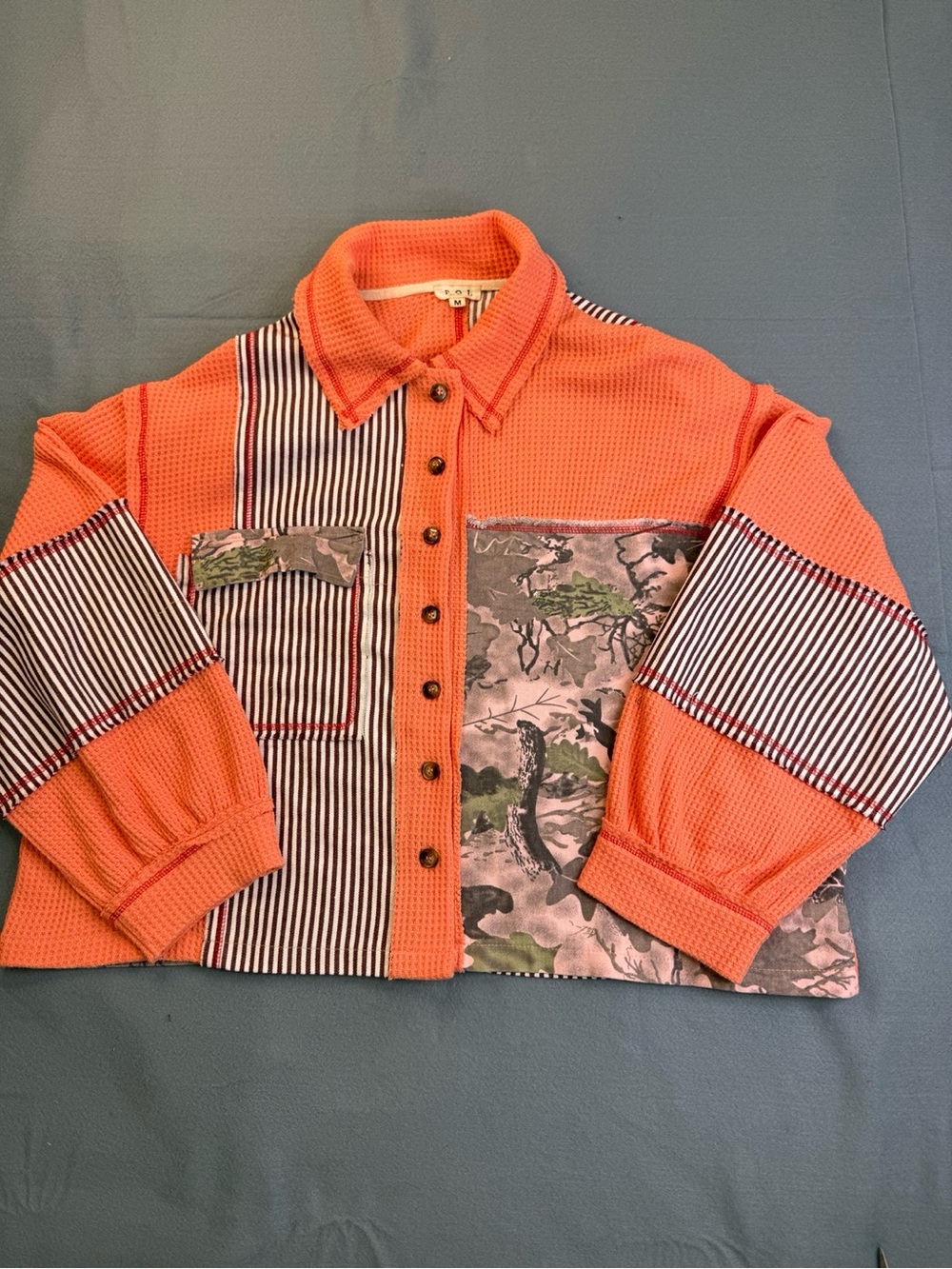 NWOT POL Orange Patchwork Waffle Knit Button Down Shacket Medium Boho